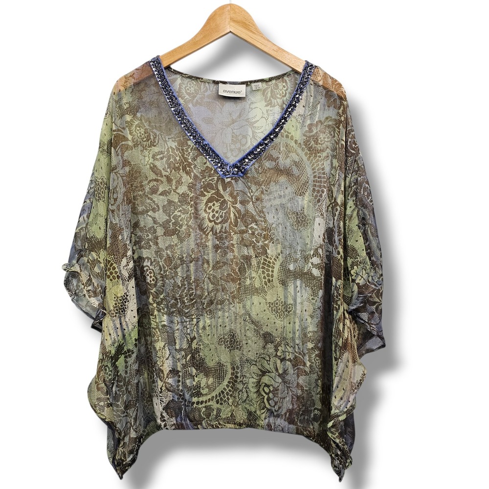 Kimono Top 2X Green Paisley Floral Beaded Sequin Sheer Flowy Fairy Whimsy Earthy
